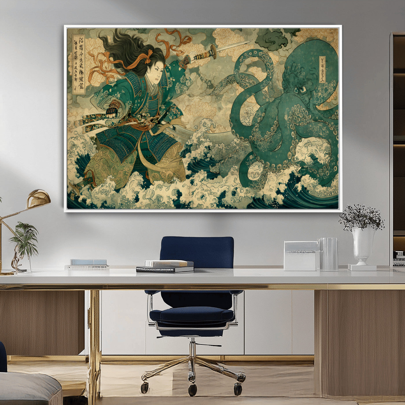 Tsukioka Yoshitoshi Samurai Wall Art Print, Japanese Katana Warrior Canvas Wall Art, Octopus Sea Monster Canvas Print,