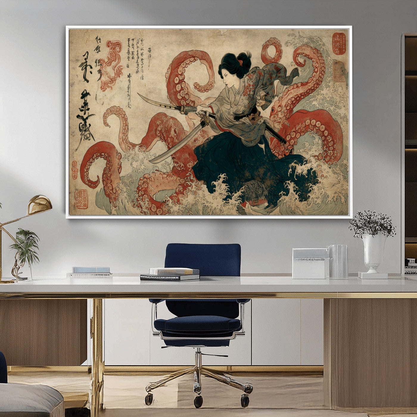 Tsukioka Yoshitoshi Samurai Wall Art Print, Japanese Katana Warrior Canvas Wall Art, Octopus Sea Monster Canvas Print,