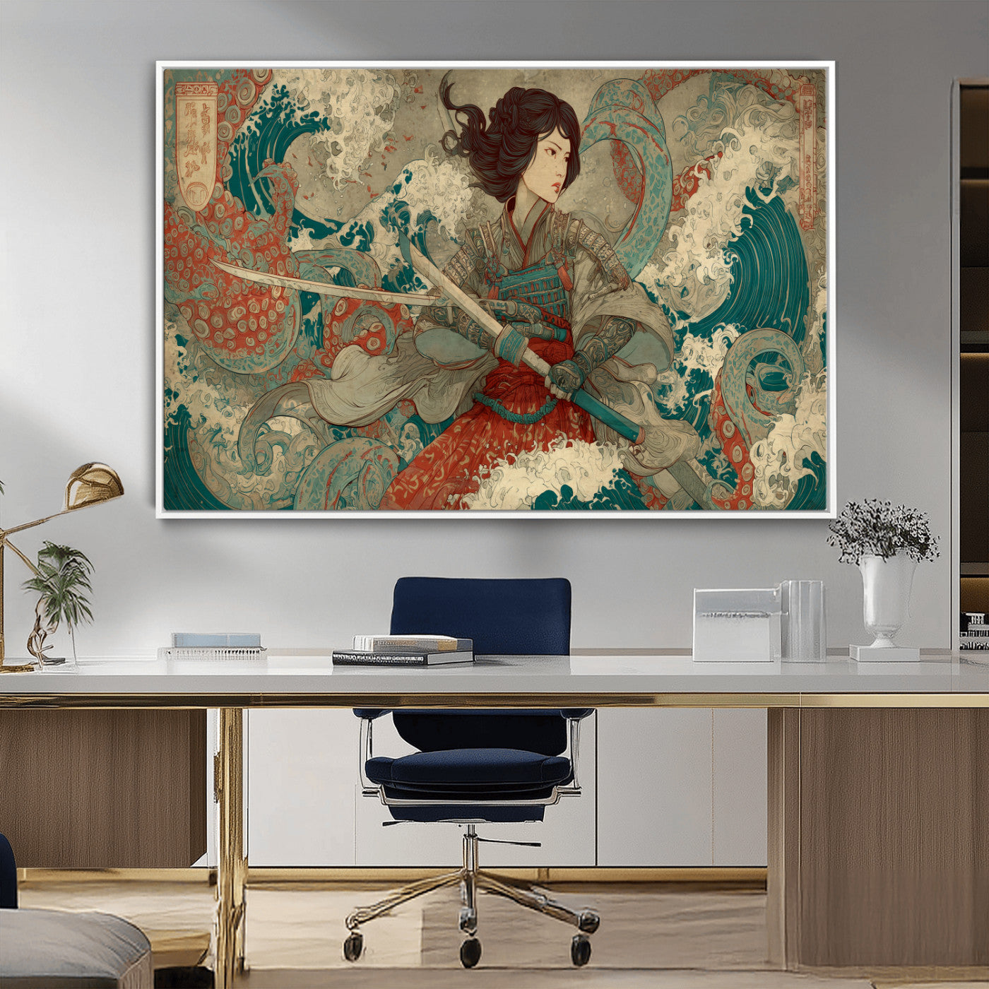 Tsukioka Yoshitoshi Samurai Wall Art Print, Japanese Katana Warrior Canvas Wall Art, Octopus Sea Monster Canvas Print,