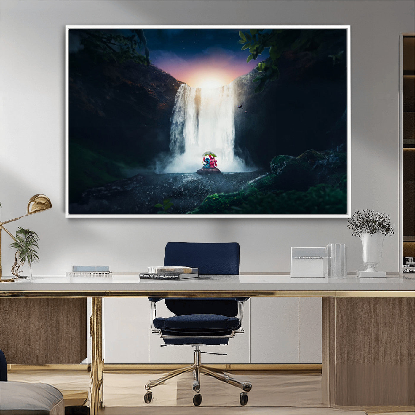 Romantic scene of Stitch and Angel sitting under a leaf in front of a glowing waterfall, ideal for tropical or fantasy-themed decor.
