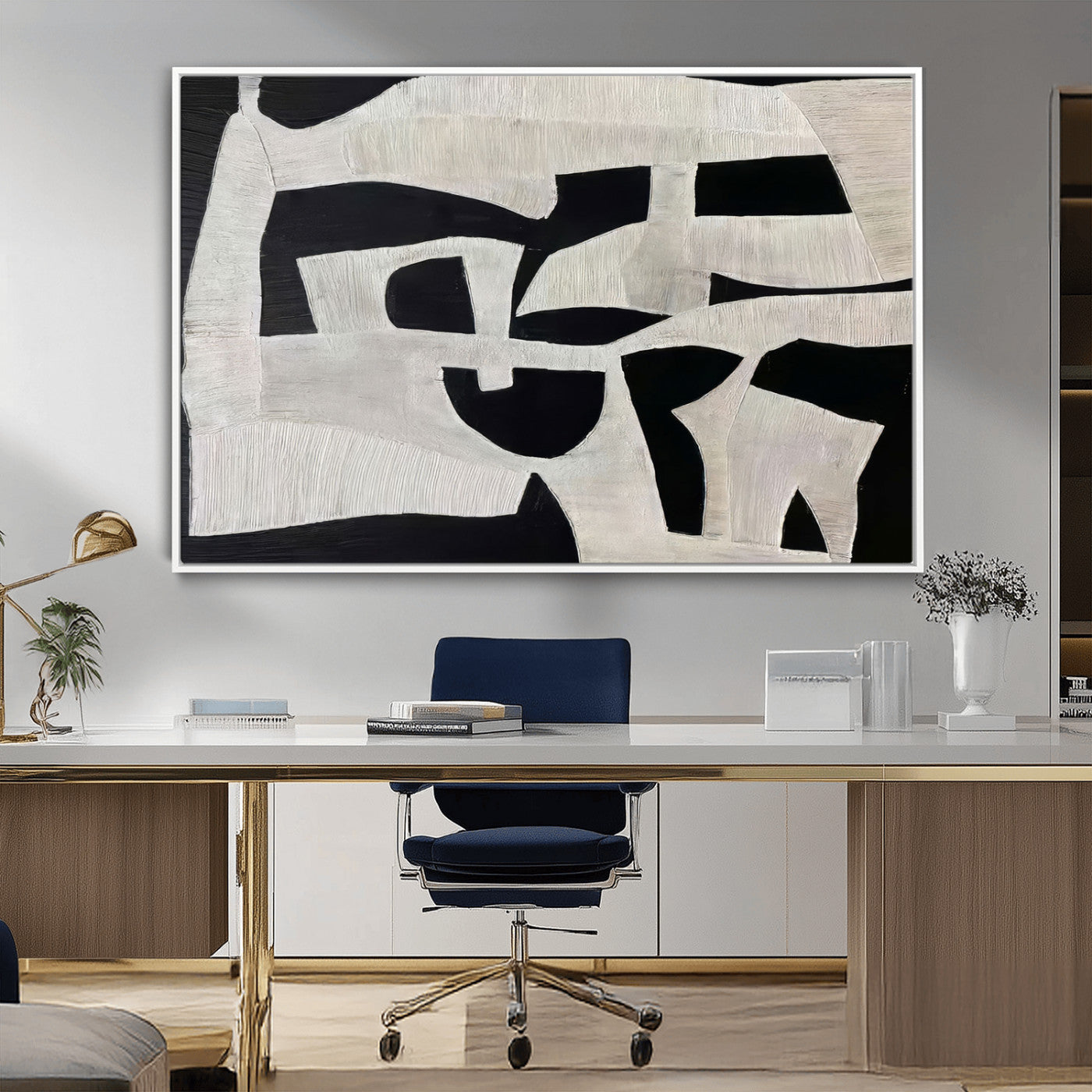 Minimalist black and white canvas featuring bold abstract textures and geometric shapes, ideal for modern neutral decor.