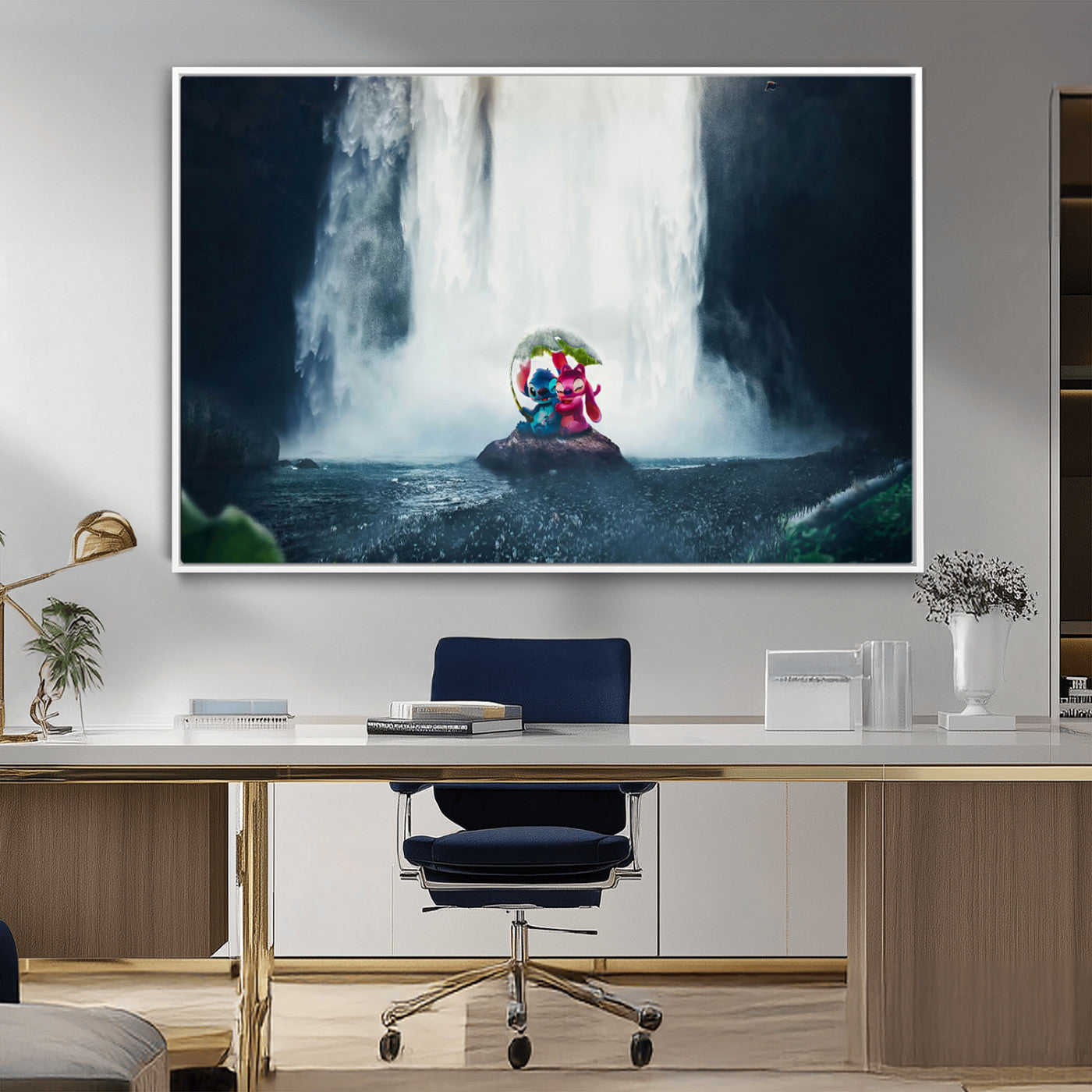 Fantasy canvas of Stitch and Angel under a leaf umbrella in front of a dramatic waterfall, perfect for moody jungle-themed or animated decor.