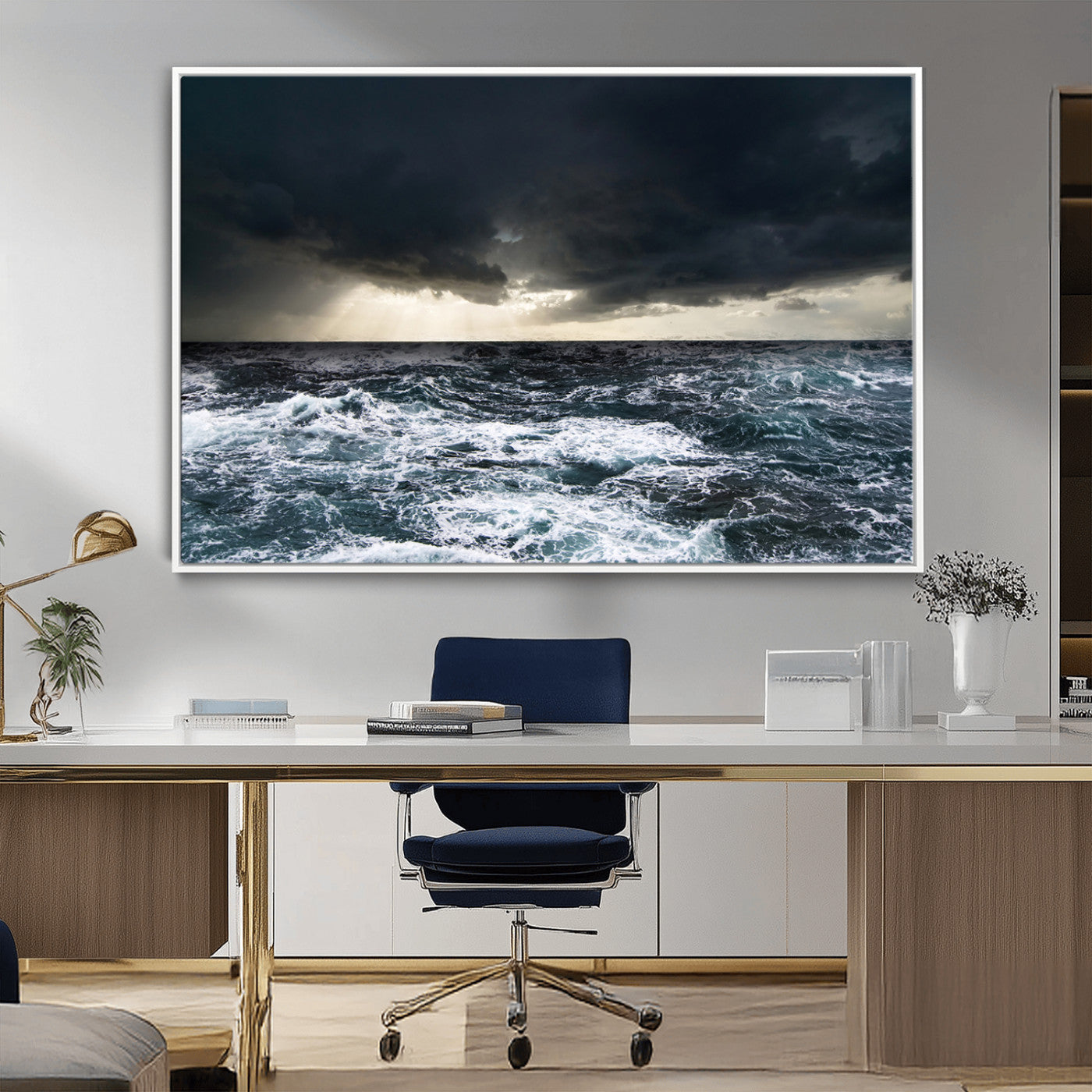 Moody ocean scene with stormy skies and crashing waves, perfect for dramatic or coastal-style home wall decor.
