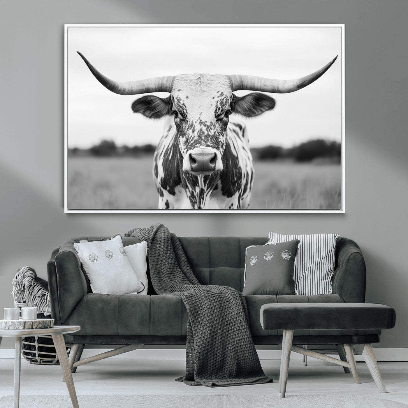 Capture the strength and elegance of nature with this striking black and white portrait of a longhorn cow. Its powerful presence makes a bold statement in any room.