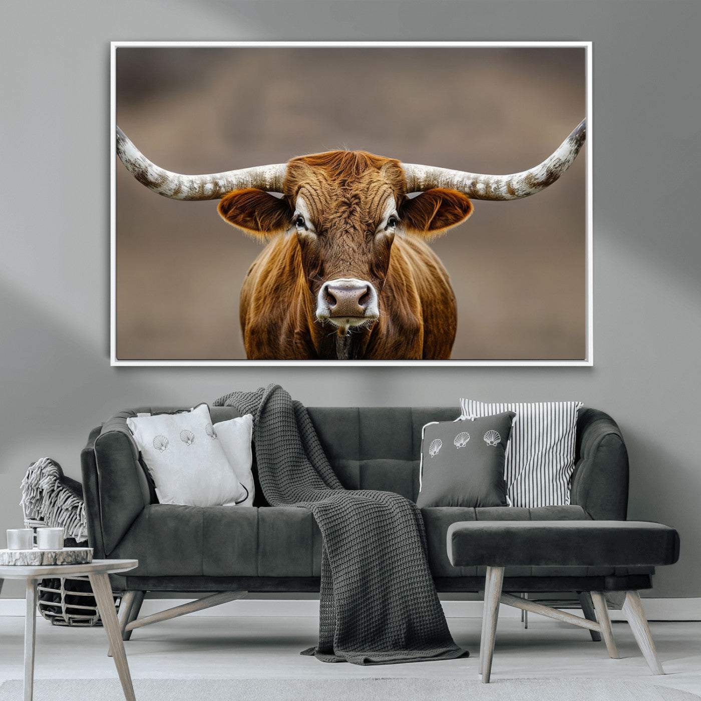 Close-up of a Texas Longhorn with strong curved horns and warm brown tones, perfect for rustic or western-style wall decor.