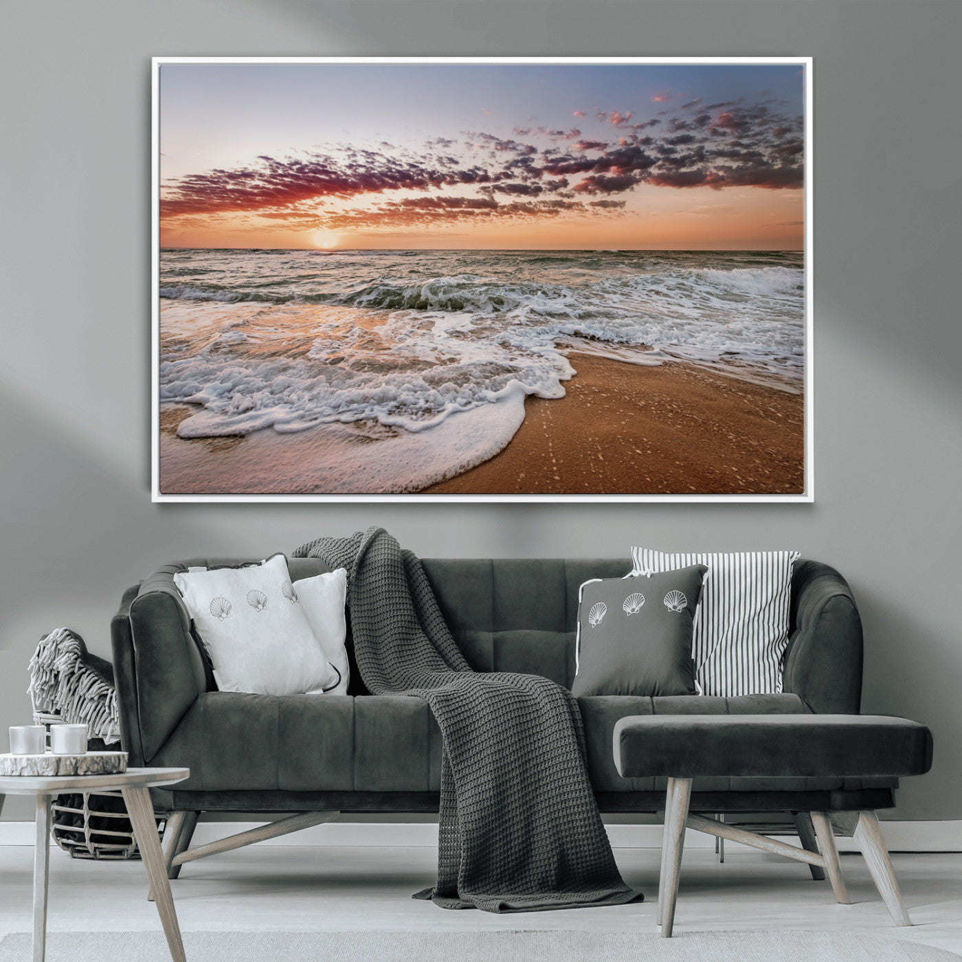 Canvas of a sunset over a foamy ocean shore with warm light and gentle waves, ideal for coastal or beach-themed home decor.