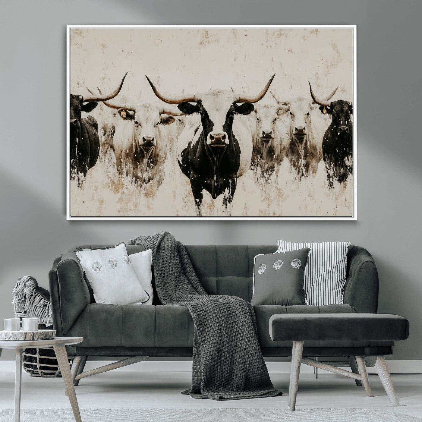 Illustrated herd of longhorn cattle in black and white tones with a neutral textured background, perfect for rustic or farmhouse-style decor.