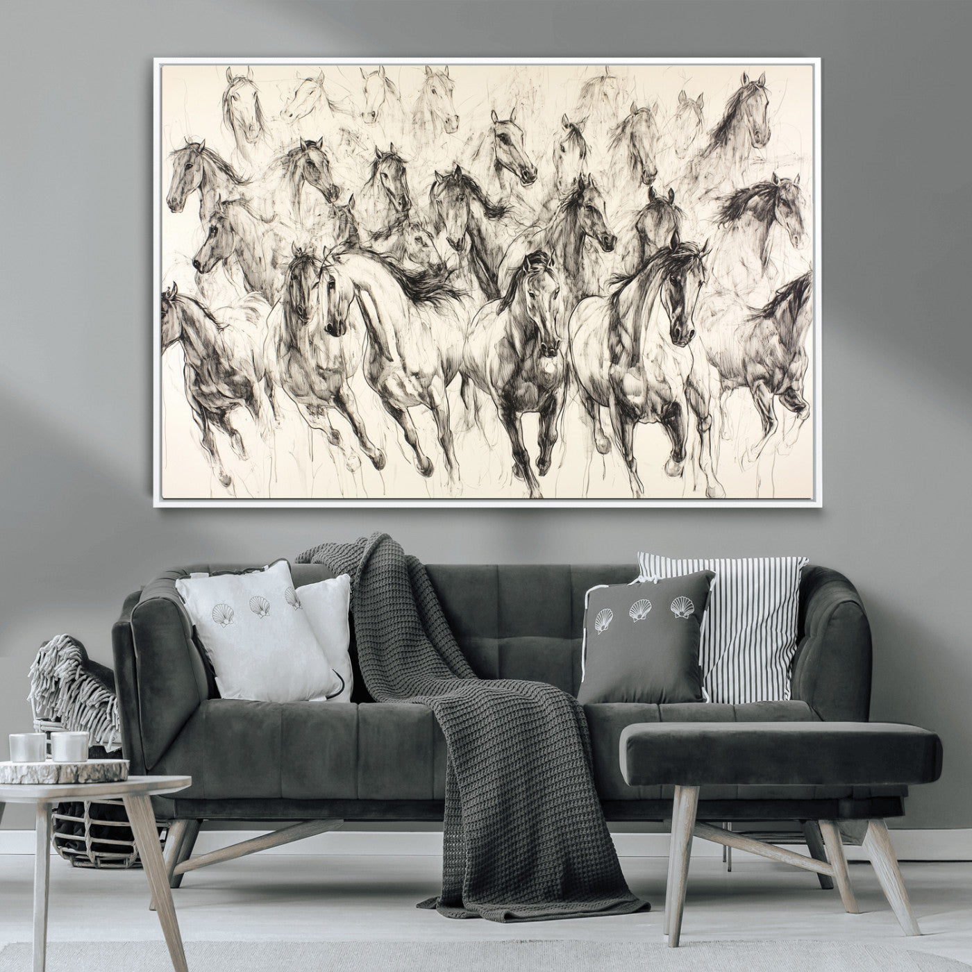 Monochrome ink sketch of galloping horses in dynamic motion, perfect for western or equine-themed wall decor with bold artistic energy.