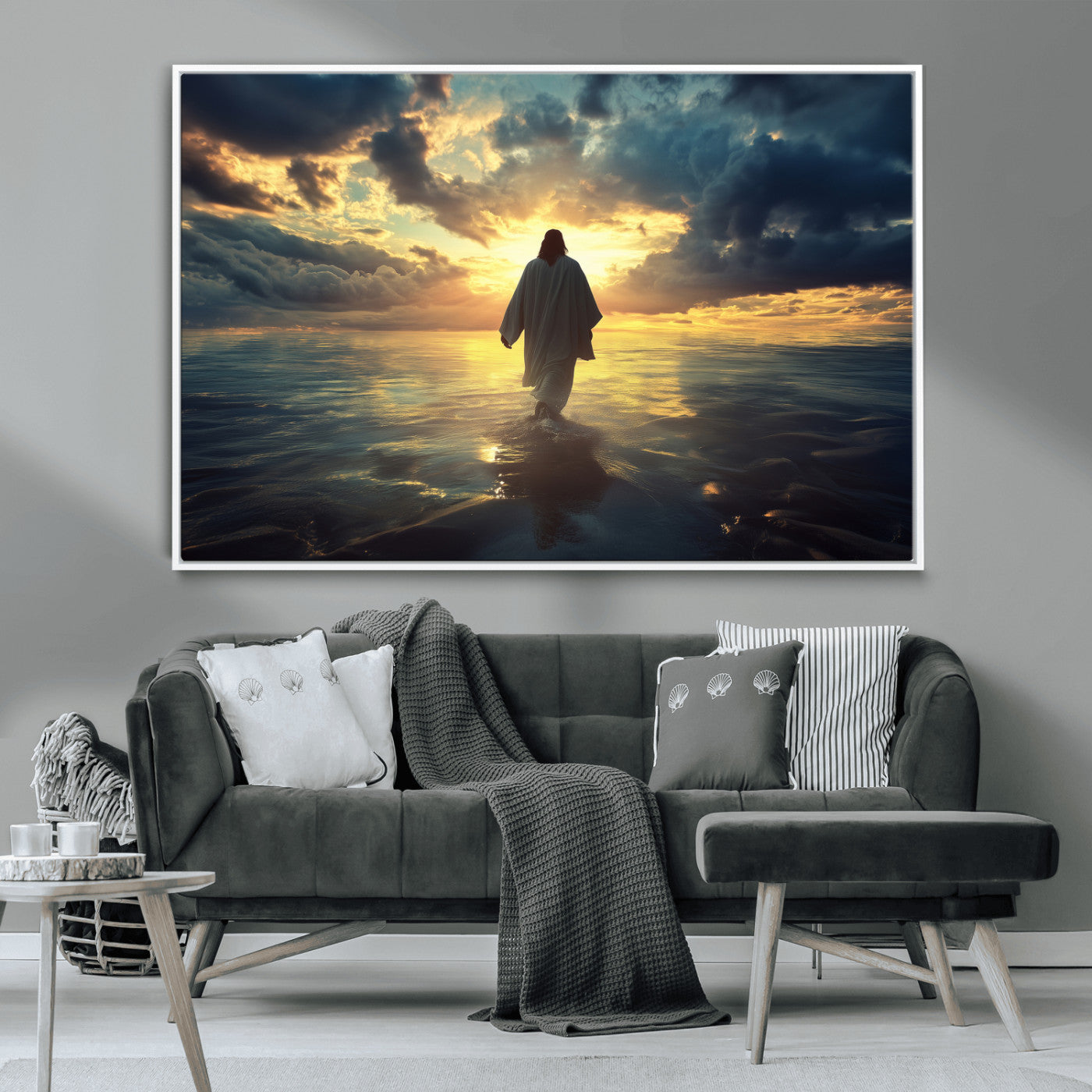 Spiritual artwork of Jesus walking on water at golden hour with divine light, ideal for Christian home decor or prayer room.