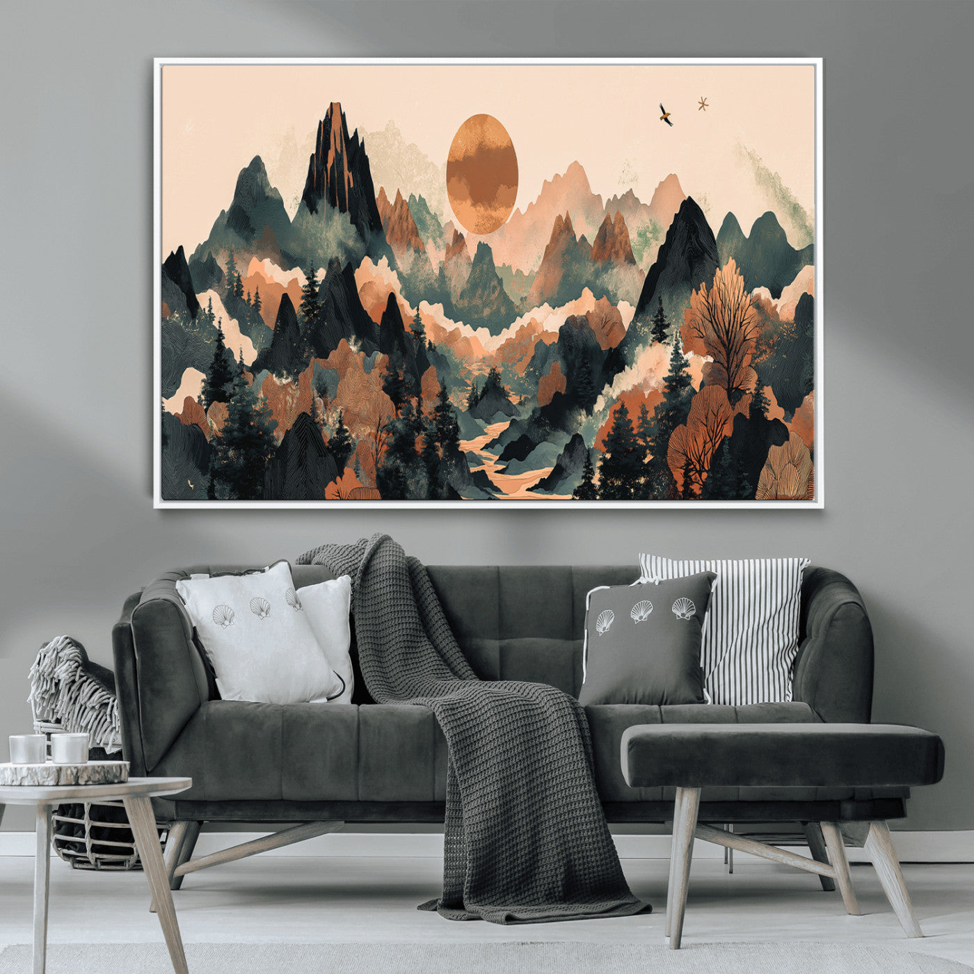 Mountain Landscape Wall Art Print - Sunset Hills Canvas Print, featuring an abstract nature scene with earthy tones and misty peaks, perfect for boho and modern decor.
