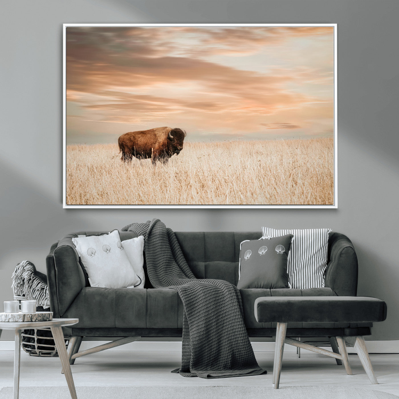 Bison Wall Art Print - Buffalo Canvas Print, featuring a lone bison in a golden prairie under a warm sunset sky, perfect for rustic and farmhouse decor.