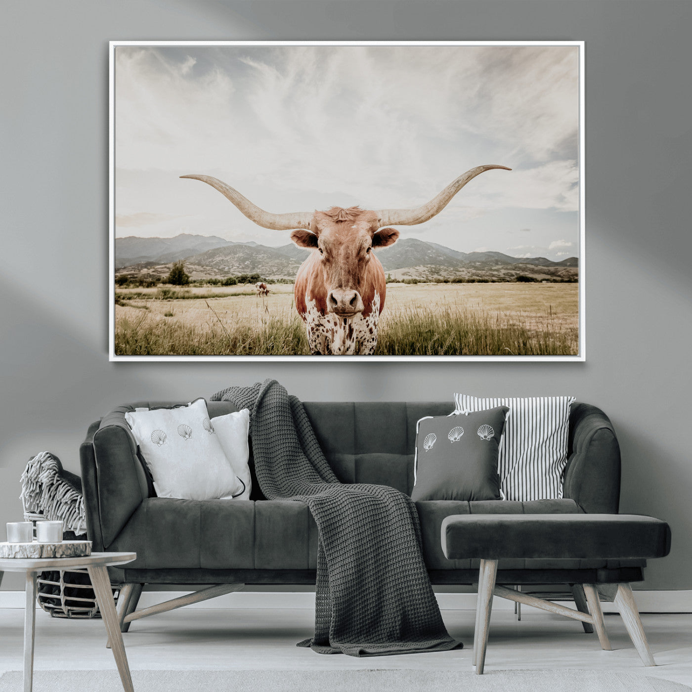 Longhorn Wall Art Print - Western Cow Canvas Print, featuring a majestic Texas longhorn in a rustic prairie setting, perfect for farmhouse and western decor.