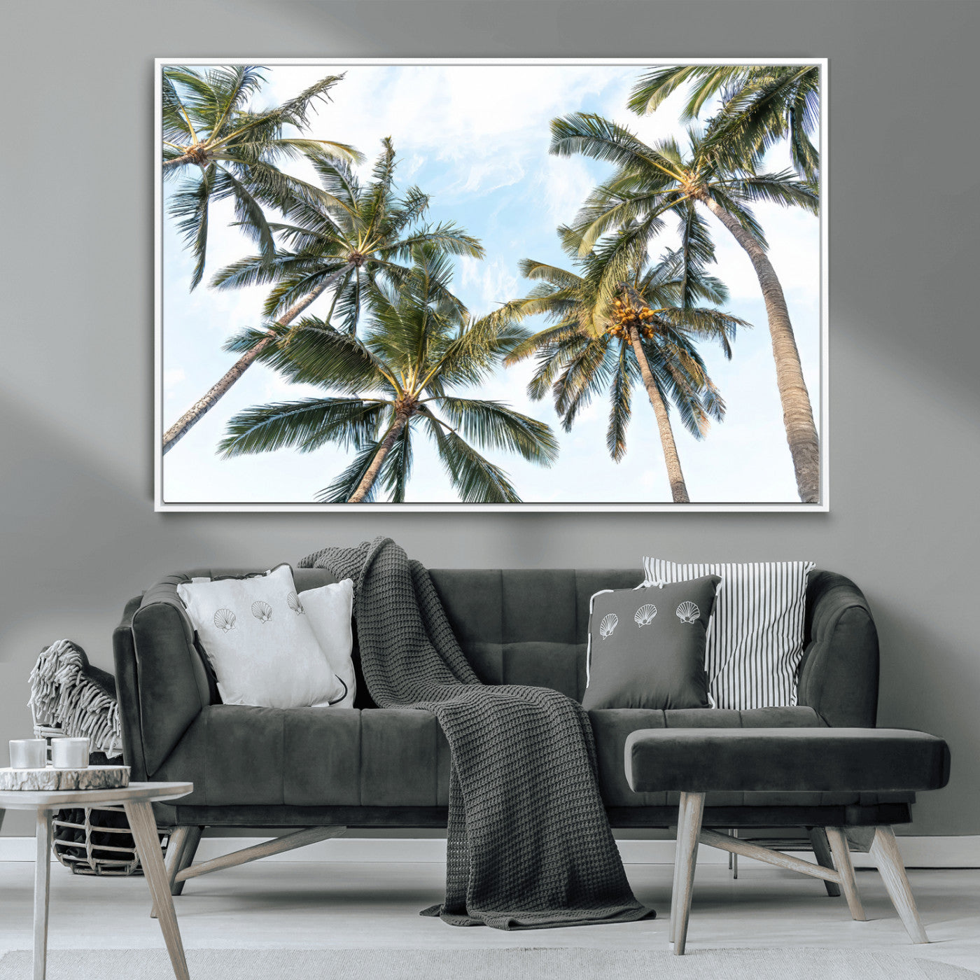 Framed canvas of tall palm trees reaching into a tropical sky, ideal for beach home or relaxed island-inspired wall decor.