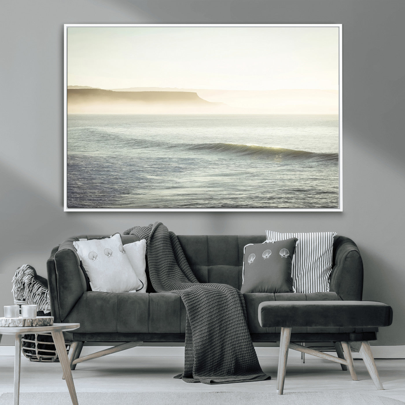 Canvas of a misty ocean scene with coastal cliffs and soft neutral tones, ideal for Scandinavian coastal or minimalist nature-inspired home decor.