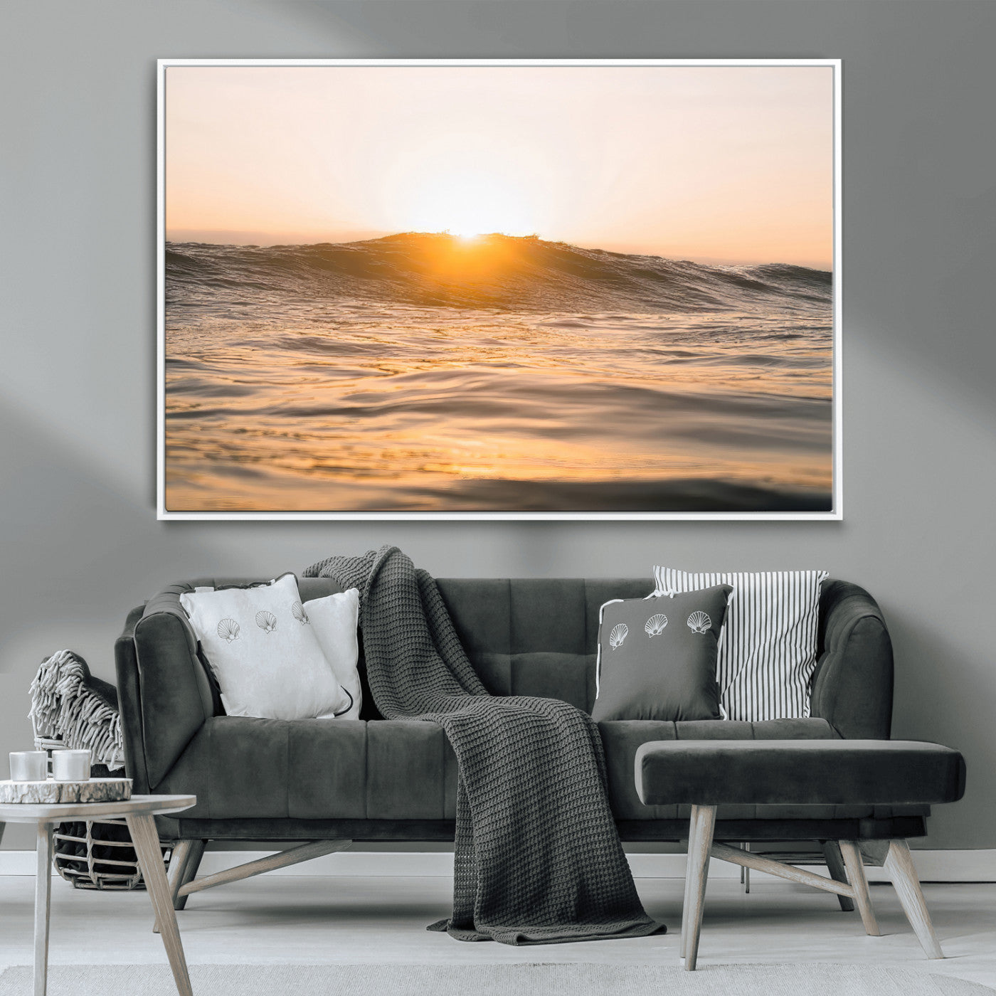 Ocean waves glowing under a warm golden sunset, reflecting soft light and calm movement, perfect for warm minimalist coastal interiors.