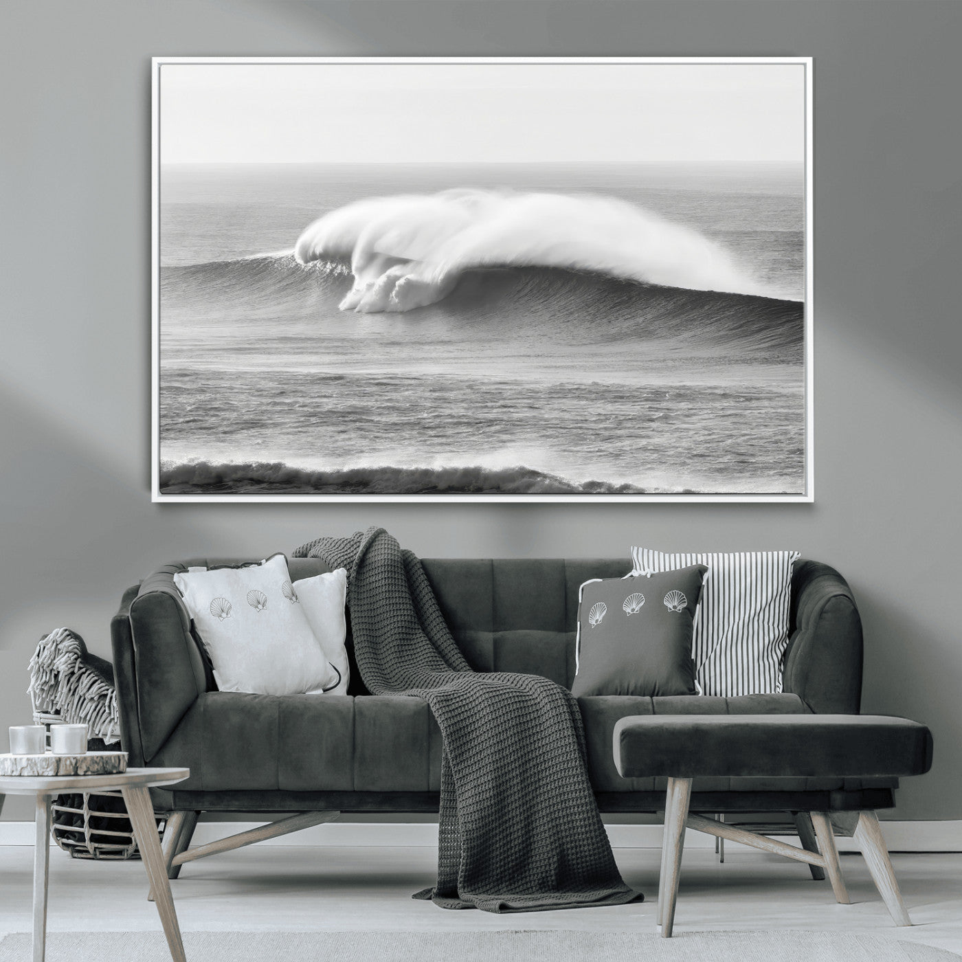 A dramatic black and white ocean wave crashing with immense force, capturing the raw power and movement of the sea in a bold seascape.