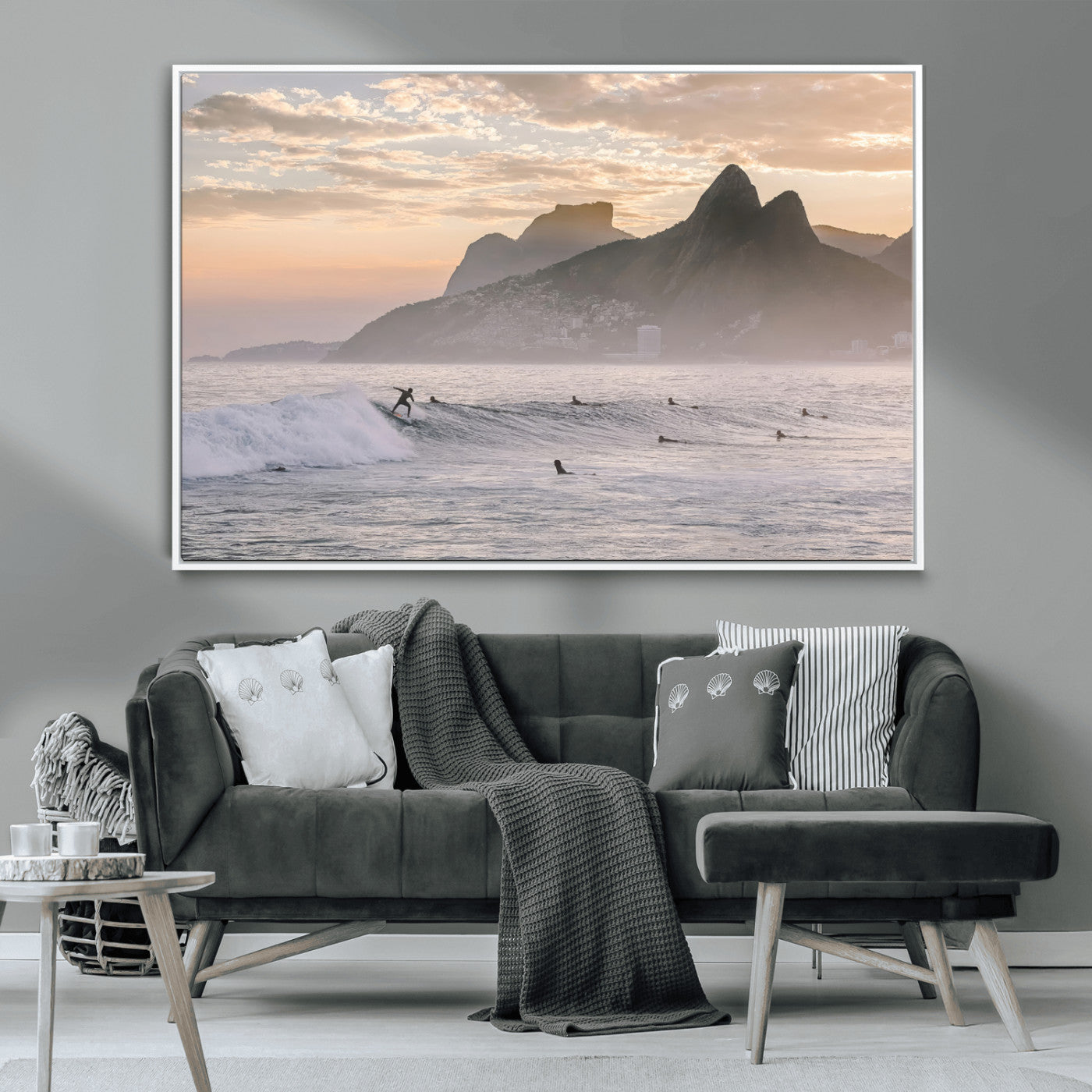 A surfer rides a golden hour wave near misty coastal mountains, surrounded by fellow surfers, capturing the spirit of a coastal adventure.