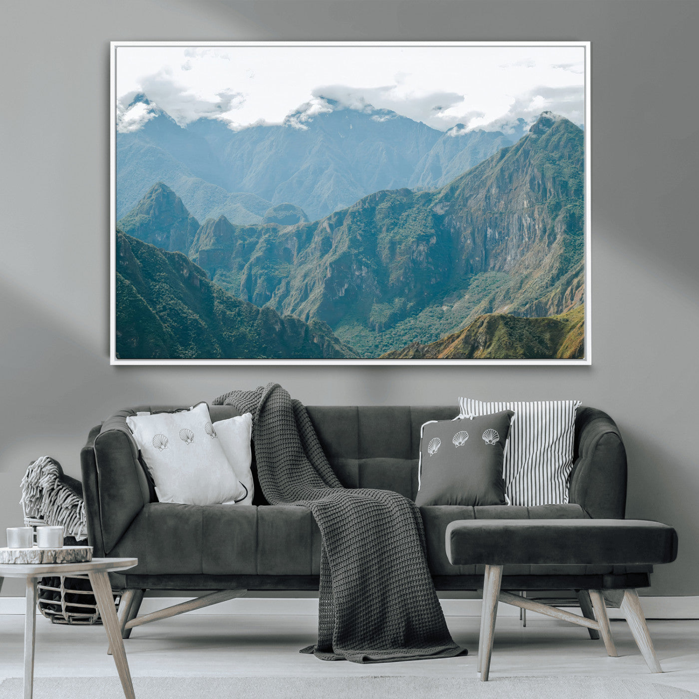 A misty mountain landscape with cloud-covered Andean peaks and lush green valleys, creating a dramatic and serene view, perfect for rustic or nature-inspired home decor.