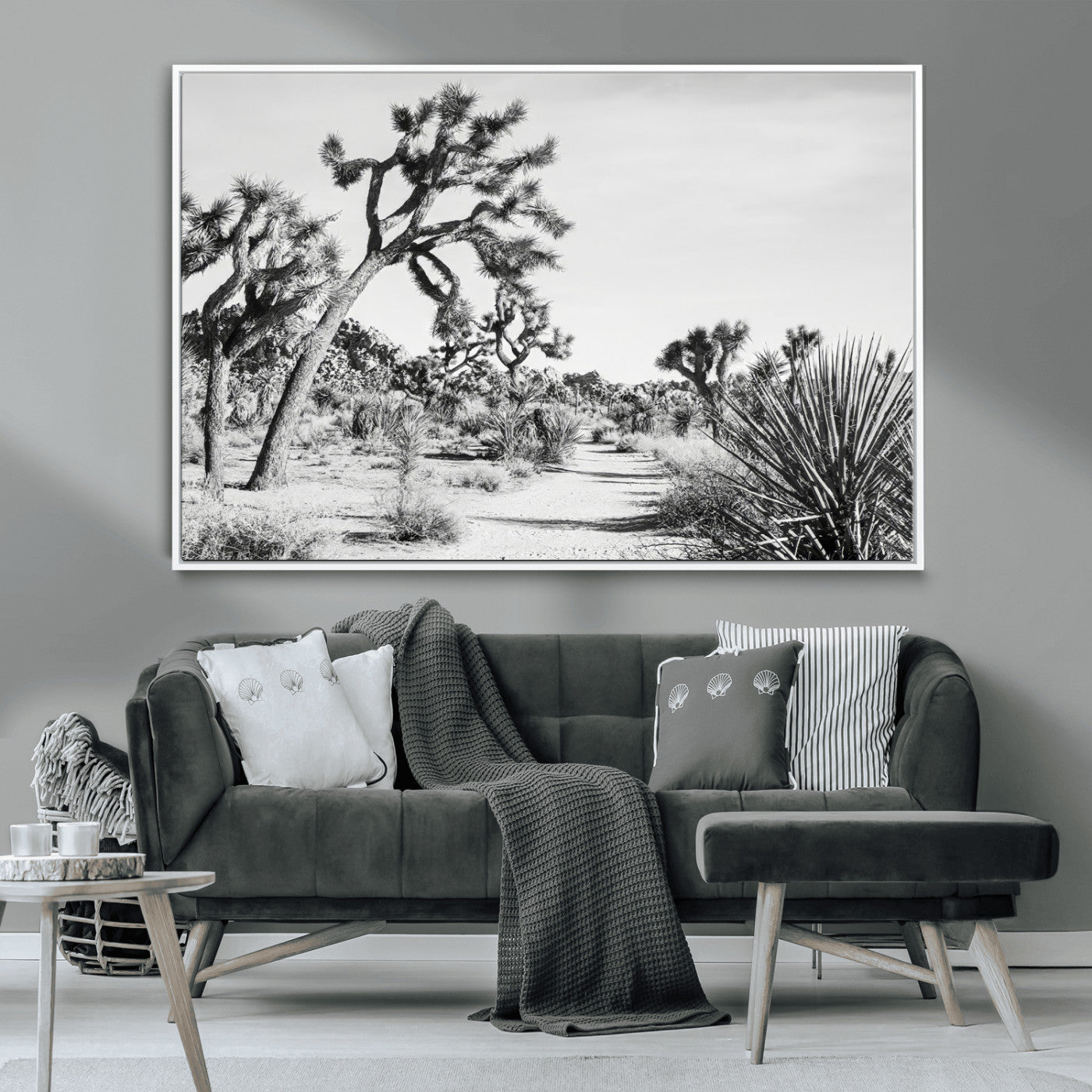 Canvas of a Joshua Tree forest in black and white tones, featuring a desert path and spiky vegetation, ideal for minimalist or rustic decor.