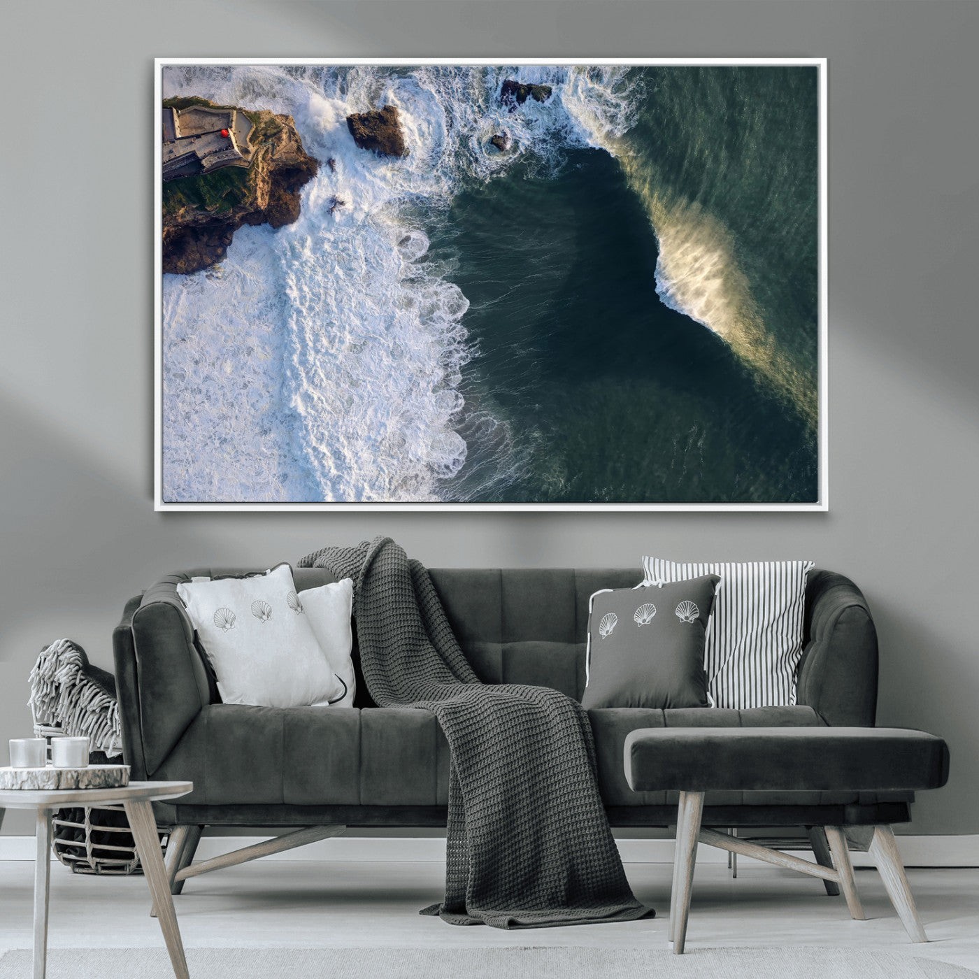 Canvas showing an aerial view of crashing waves along the Nazaré coastline, perfect for dramatic coastal or ocean-themed home decor.