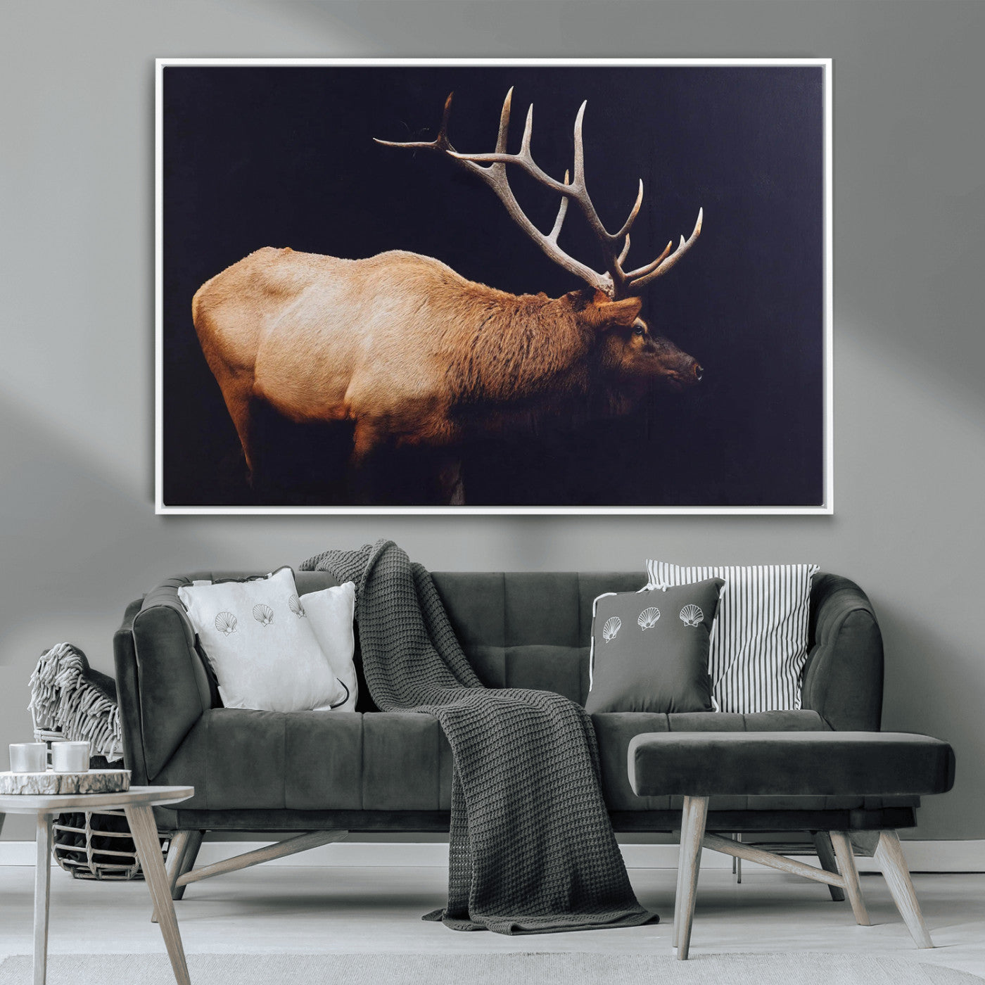 Side profile of an elk with large antlers on dark background, creating a bold rustic statement for cabin or Western-themed decor.