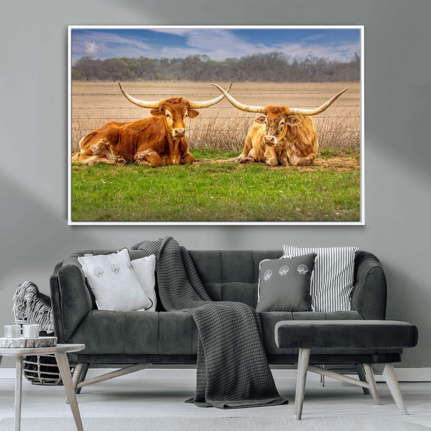 Two longhorn cows lying on green grass in front of a golden field and trees under a blue sky, perfect for rustic country wall decor.