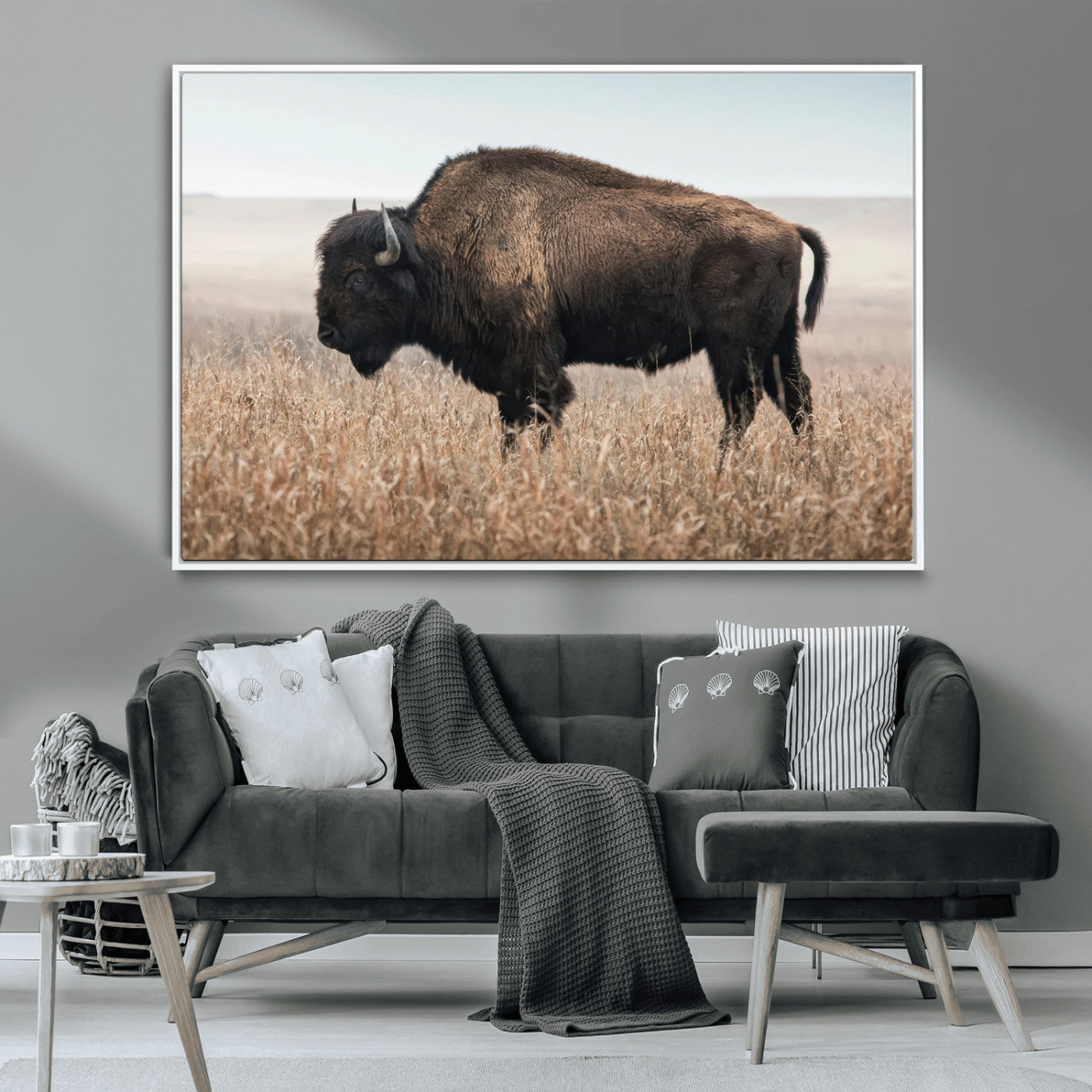 A lone bison stands in a vast prairie under a soft sky, evoking freedom and rustic charm for western or farmhouse inspired interiors.