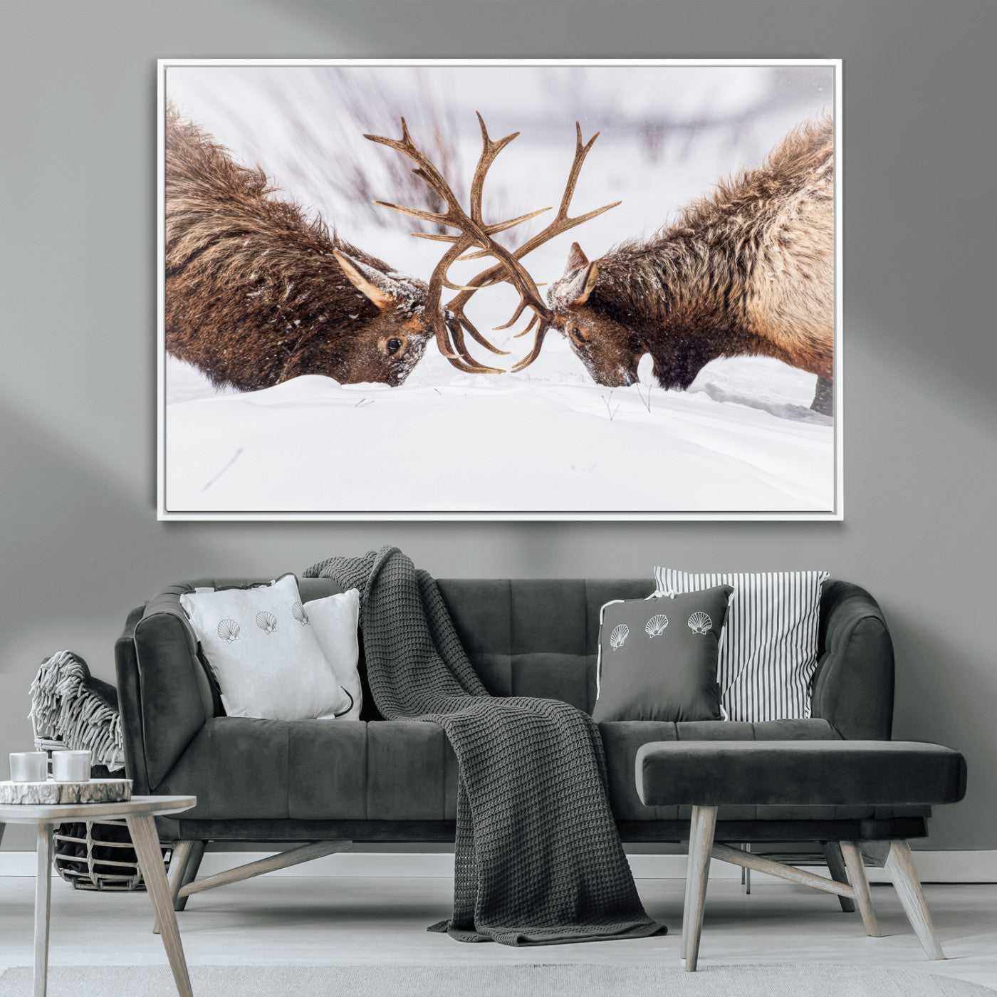 Two elk clashing antlers in a snowy forest, capturing raw power and wild energy, ideal for rustic cabin or lodge-style decor.