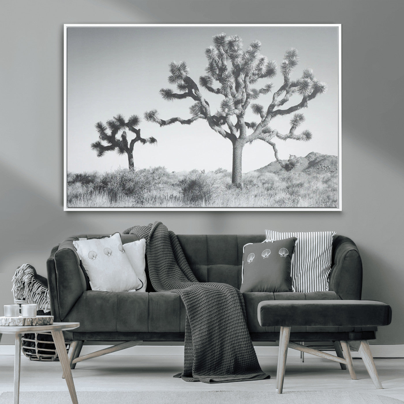 Black and white Joshua tree in a desert landscape with soft light and dry brush, perfect for rustic or minimalist home decor.