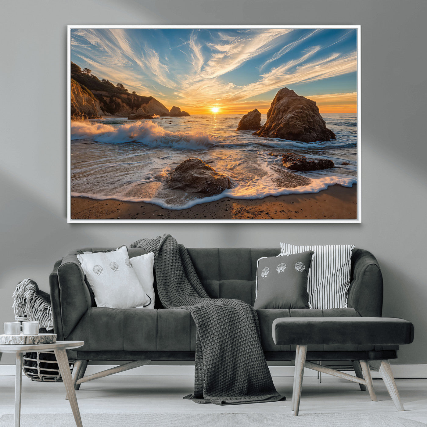 Rocky Ocean Sunset Wall Art Print, Seaside Canvas Wall Art, Dramatic Seascape Canvas Print for Coastal Modern Decor, Ocean Sunset Art Printing