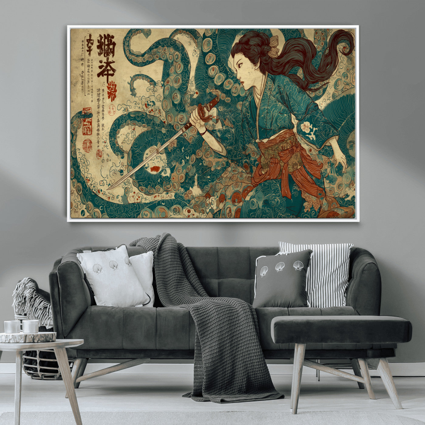 Tsukioka Yoshitoshi Samurai Wall Art Print, Japanese Katana Warrior Canvas Wall Art, Octopus Sea Monster Canvas Print,