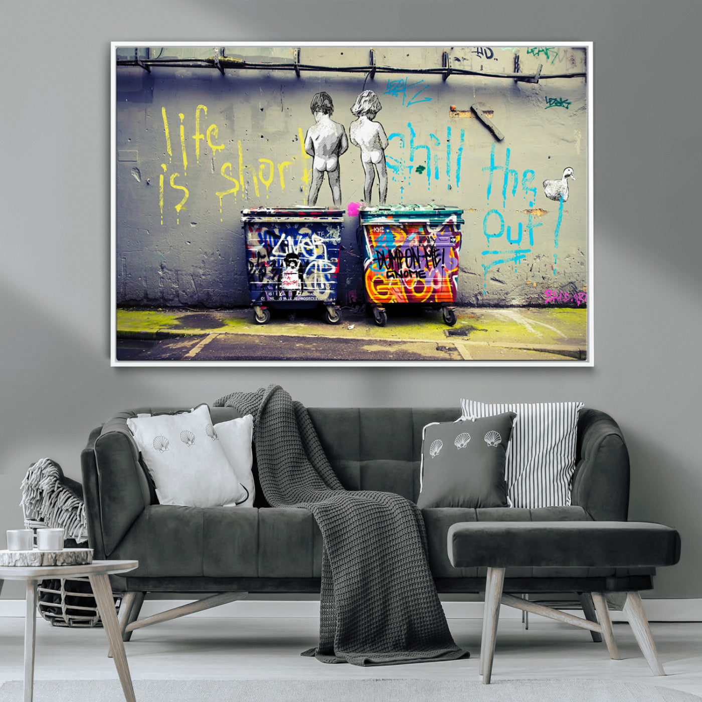 Graffiti-style canvas art with bold text and two naked figures over urban dumpsters, ideal for edgy or street-style decor.