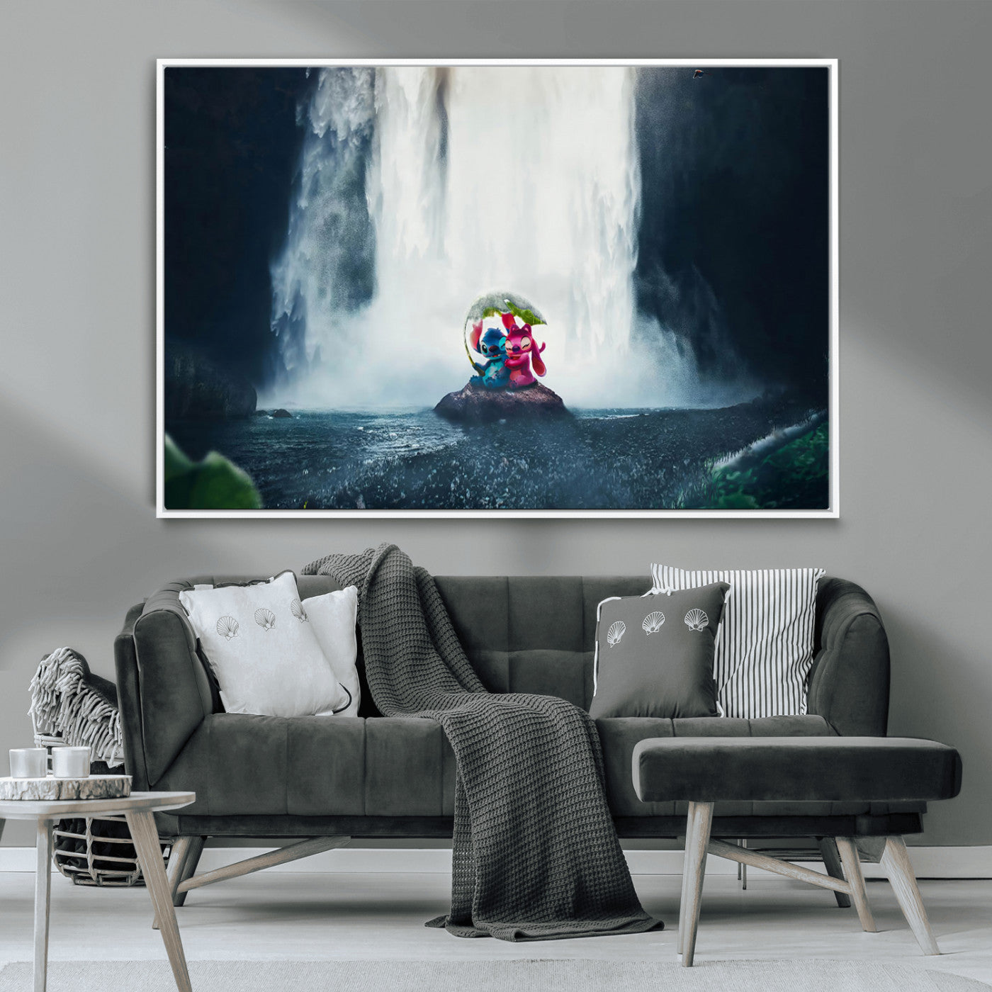 Fantasy canvas of Stitch and Angel under a leaf umbrella in front of a dramatic waterfall, perfect for moody jungle-themed or animated decor.