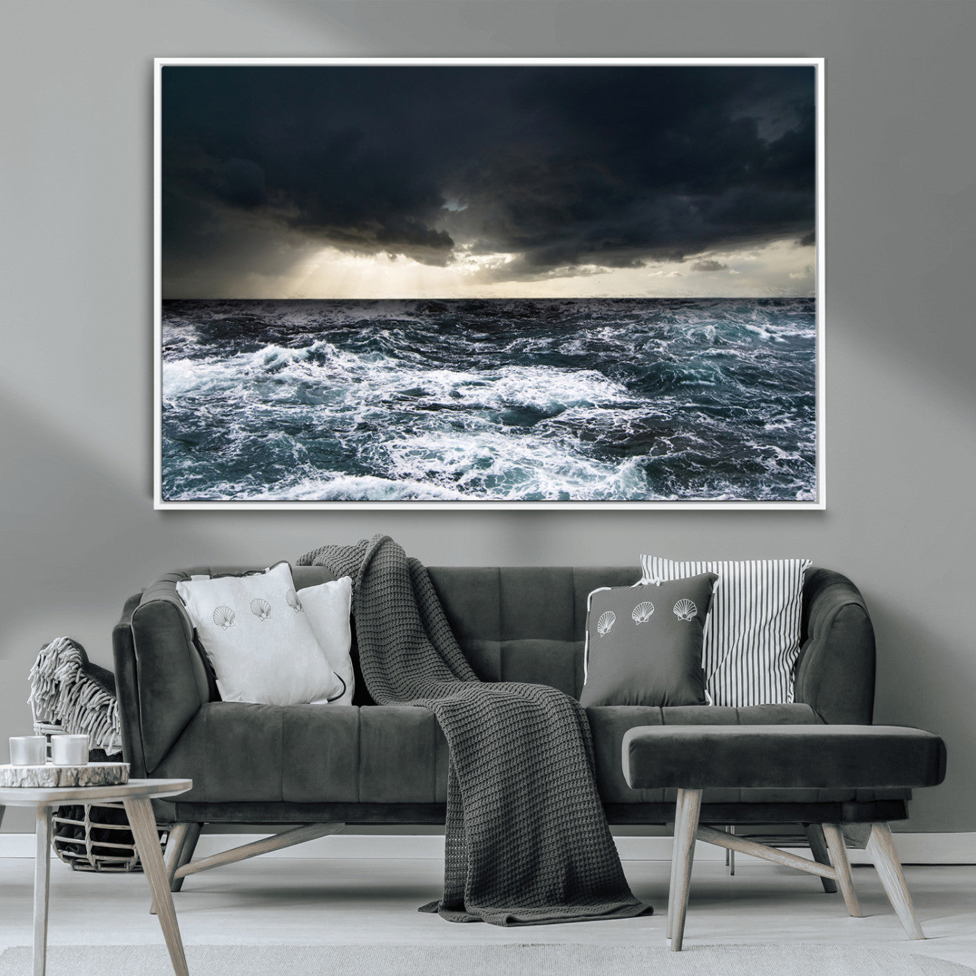 Moody ocean scene with stormy skies and crashing waves, perfect for dramatic or coastal-style home wall decor.