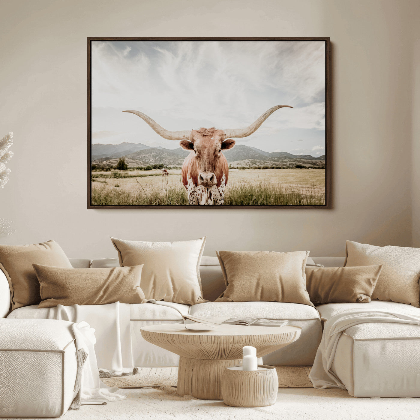 Longhorn Wall Art Print - Western Cow Canvas Print, featuring a majestic Texas longhorn in a rustic prairie setting, perfect for farmhouse and western decor.