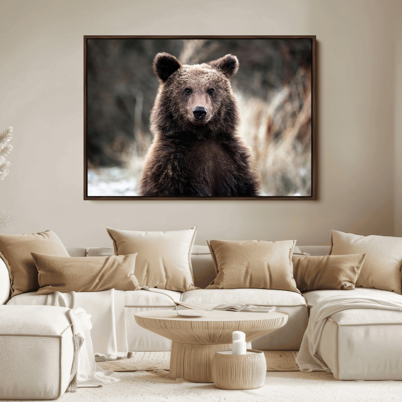 Canvas of a brown bear in soft earthy tones and moody forest light, ideal for rustic cabin or woodland nature-themed home decor.