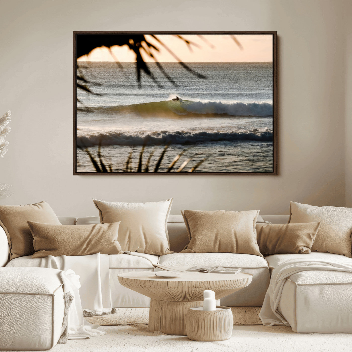 Photo of a surfer riding a golden hour wave at sunset, with tropical tones and dreamy light, perfect for tropical boho or coastal home decor.