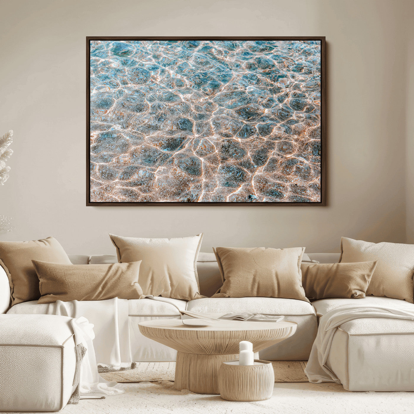 Close-up of sunlit ocean ripples with aqua blue and golden tones, ideal for modern coastal or minimalist home decor.