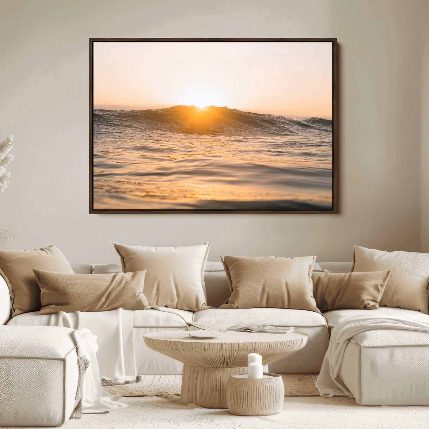 Ocean waves glowing under a warm golden sunset, reflecting soft light and calm movement, perfect for warm minimalist coastal interiors.