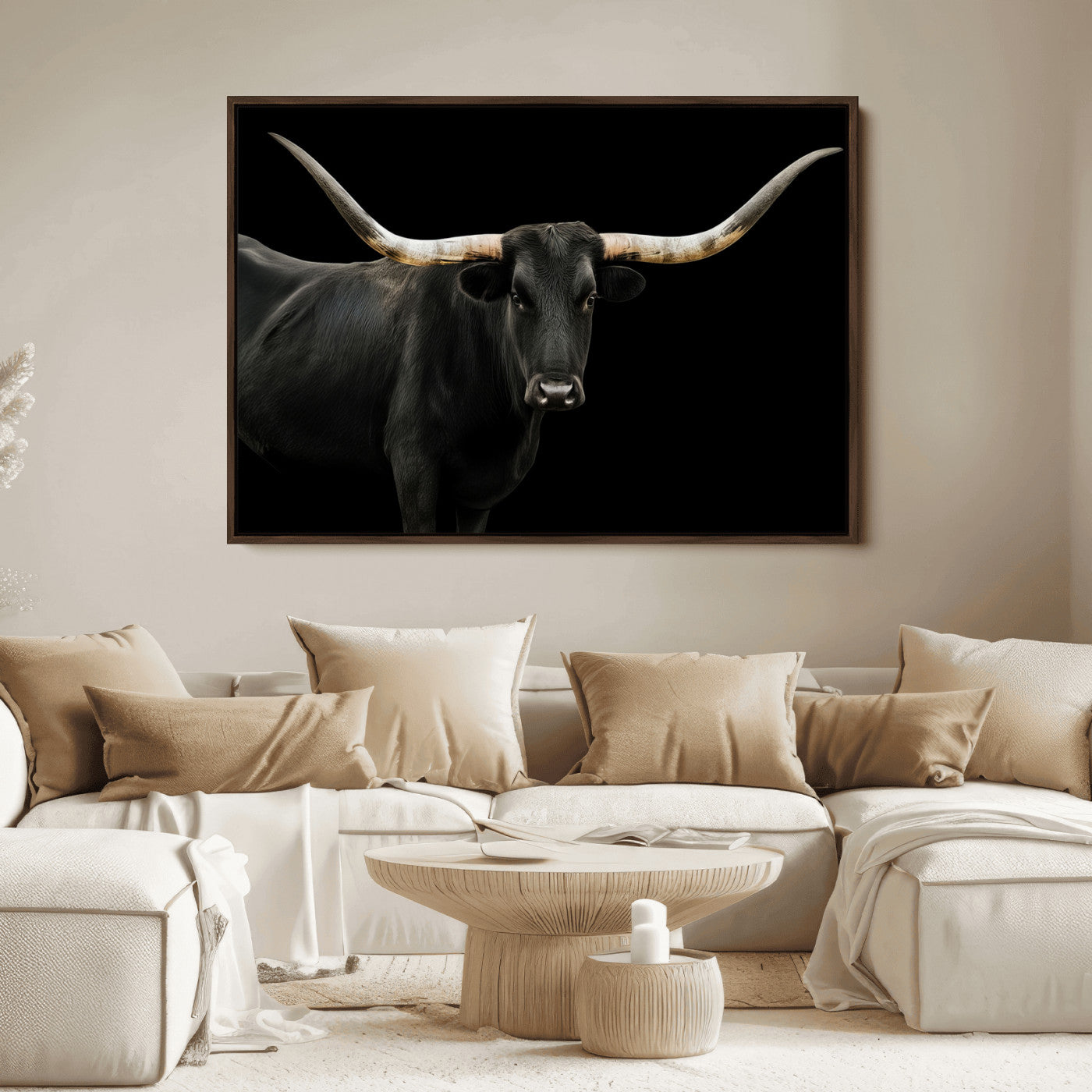 Close-up of a black Texas longhorn with large curved horns on black background, ideal for rustic farmhouse or modern western interiors.