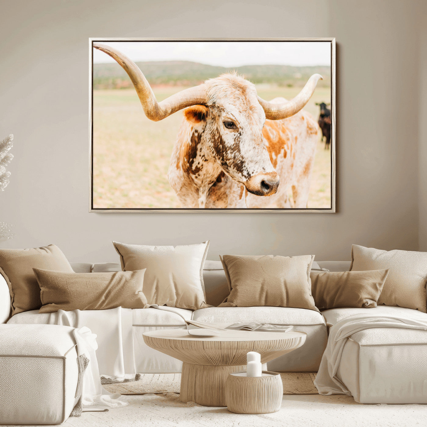 Close-up of a speckled Texas Longhorn in warm prairie tones, perfect for rustic western or countryside-themed room decor.