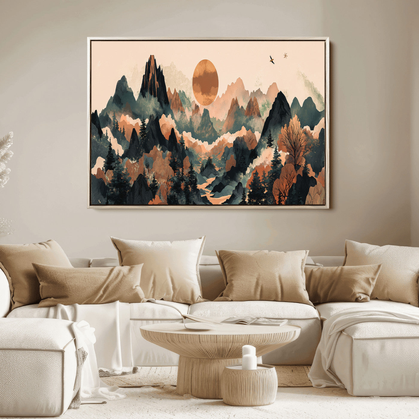 Mountain Landscape Wall Art Print - Sunset Hills Canvas Print, featuring an abstract nature scene with earthy tones and misty peaks, perfect for boho and modern decor.