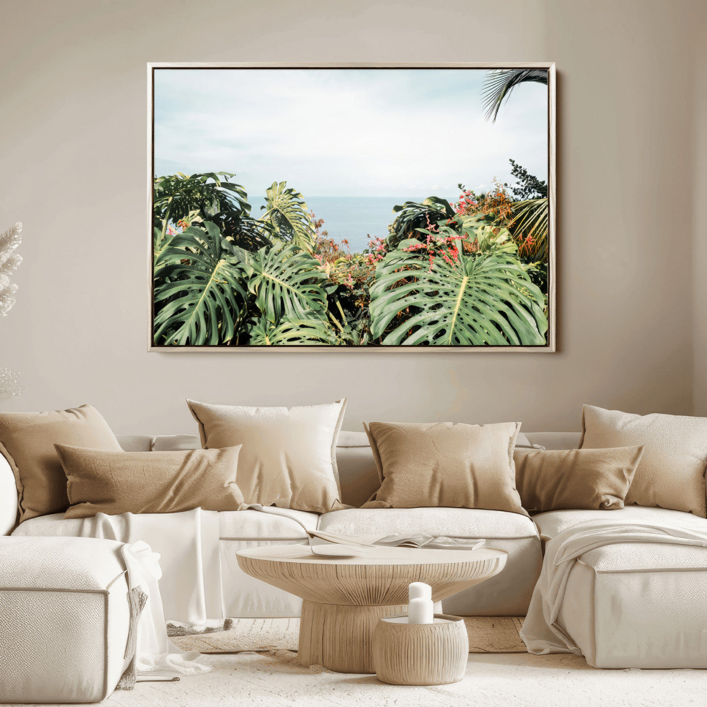 Monstera leaves and tropical flowers framing a calm ocean view, ideal for tropical coastal or exotic jungle-style interior wall decor.