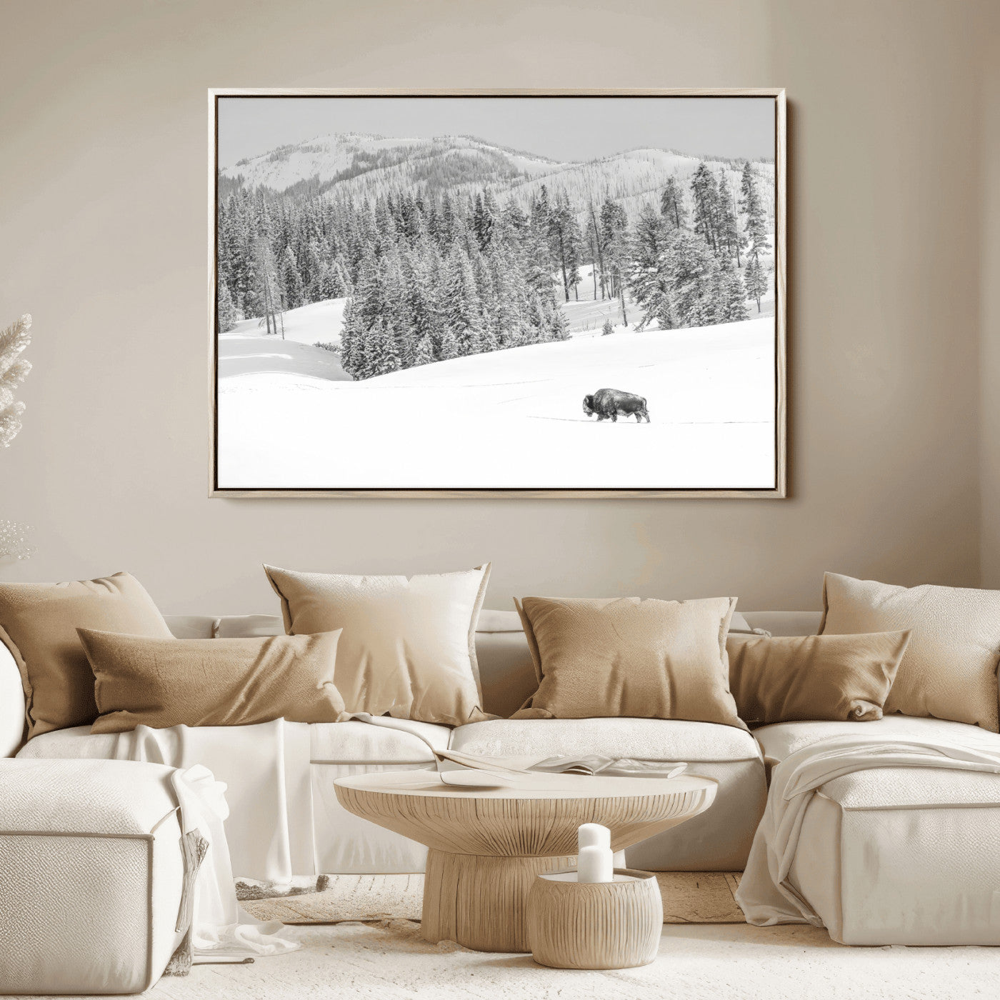 Snowy bison walking through white forest landscape, ideal for monochrome winter or wilderness-style interior wall decoration.