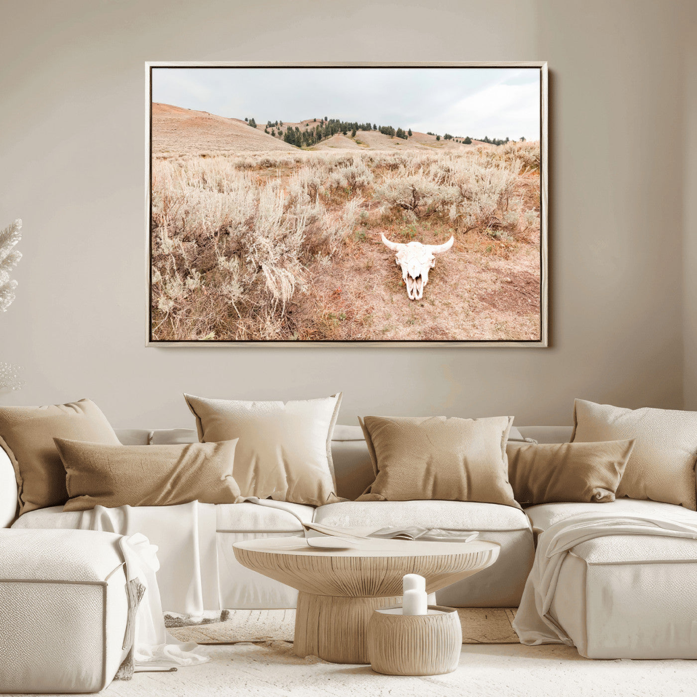 Rustic bull skull on dry sagebrush field under soft light, ideal for western minimal or desert prairie-style wall decoration.
