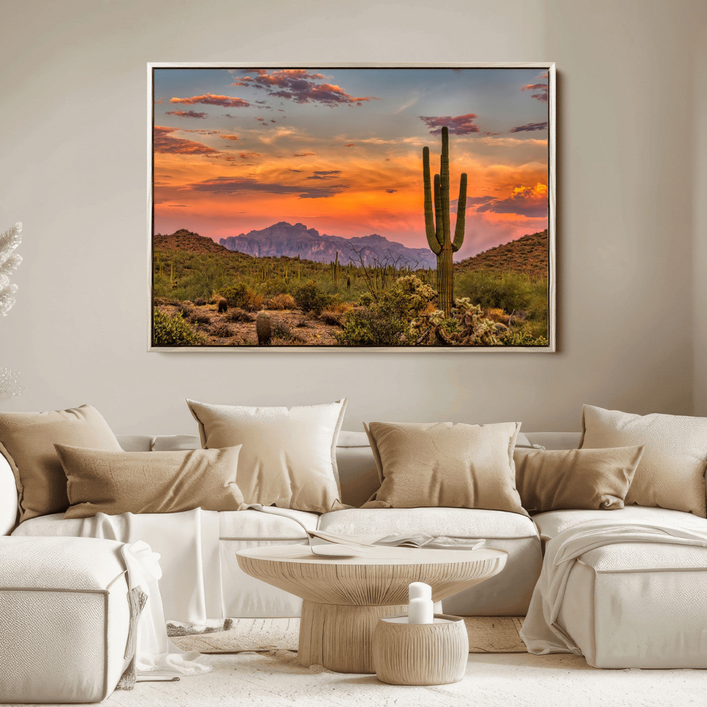 Vibrant desert sunset with saguaro cacti and distant mountains, perfect for Southwestern or warm-toned home decor.