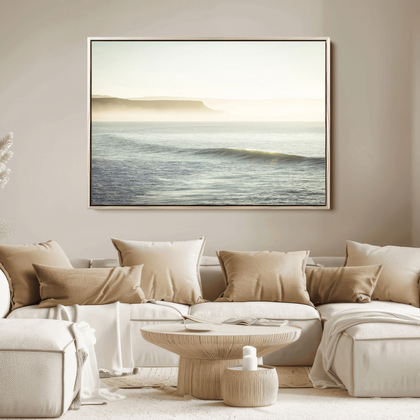 Canvas of a misty ocean scene with coastal cliffs and soft neutral tones, ideal for Scandinavian coastal or minimalist nature-inspired home decor.