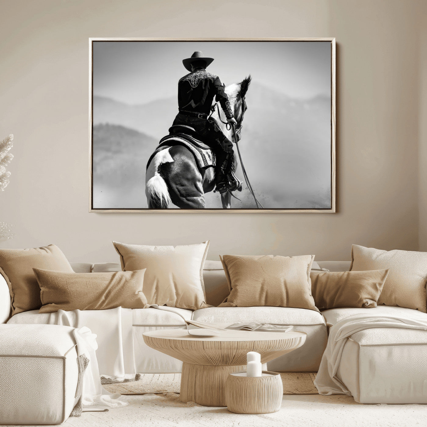 Black and white canvas of a cowboy on horseback with moody tones, perfect for rustic western or country-inspired home decor.