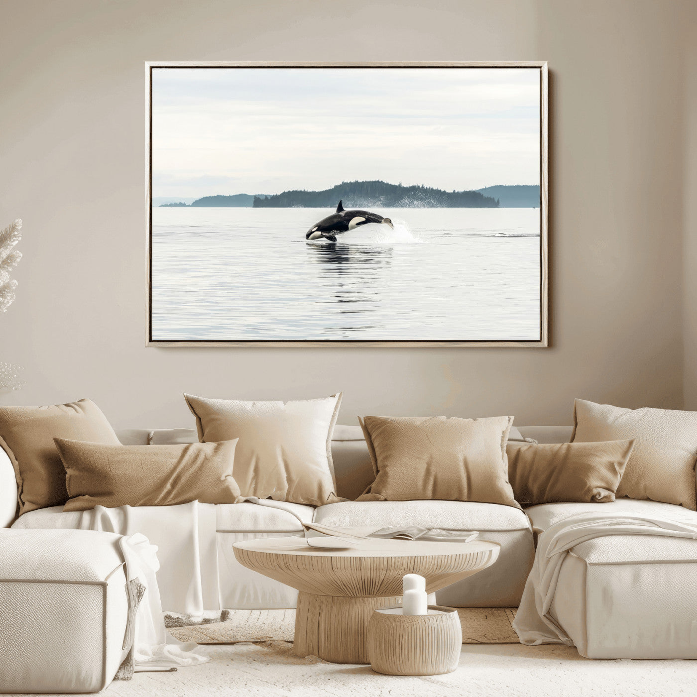 An orca jumping out of calm ocean waters with a misty island in the background, creating a serene and minimalist marine wildlife scene.