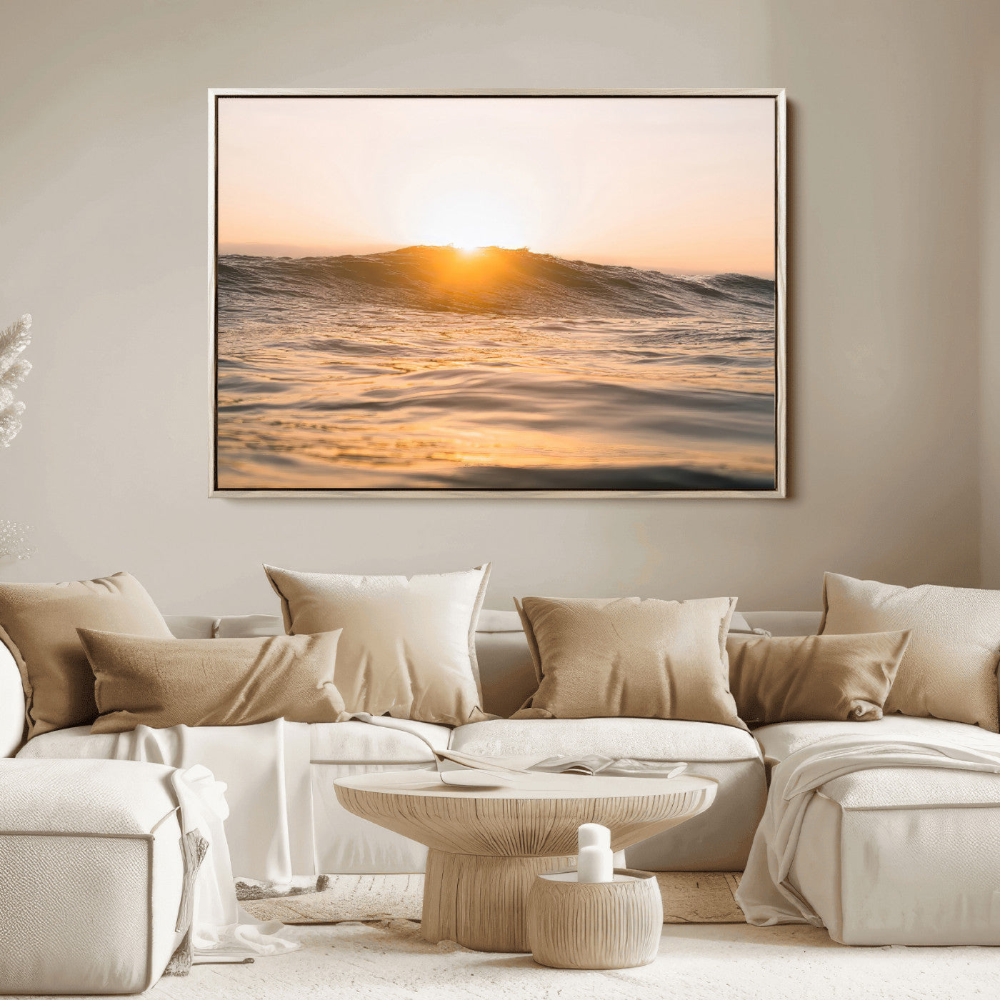 Ocean waves glowing under a warm golden sunset, reflecting soft light and calm movement, perfect for warm minimalist coastal interiors.